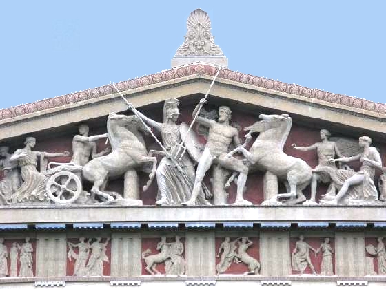 Reconstruction of sculptures on the Parthenon's west pediment, showing some imagined colours